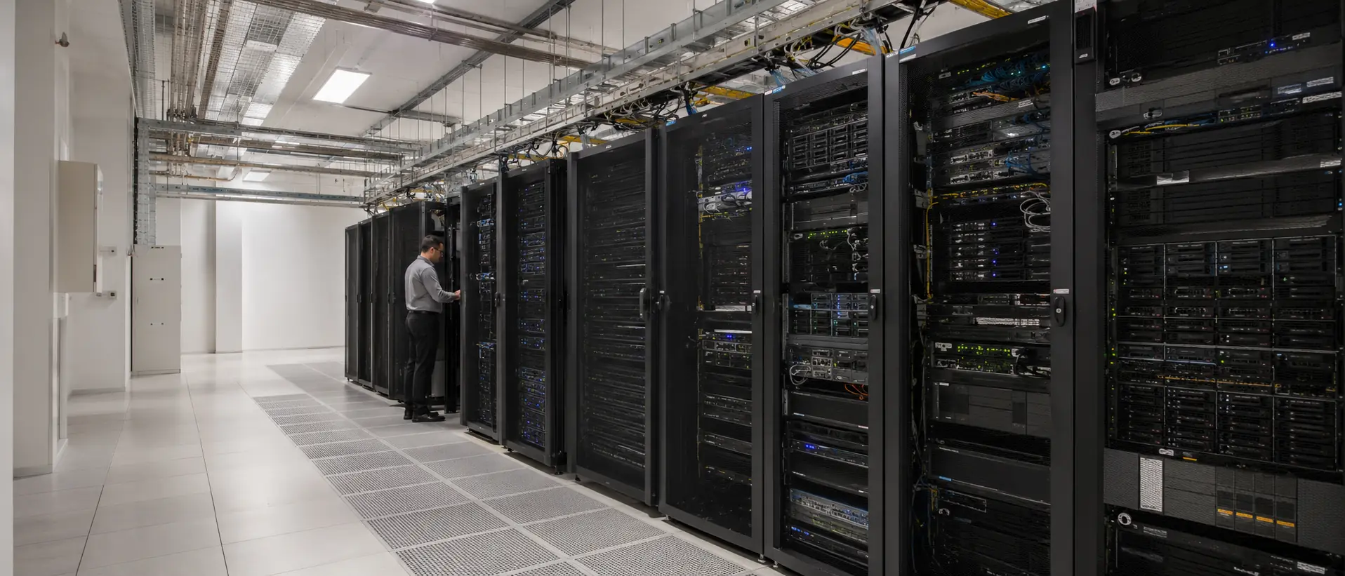 A data centre aisle: rows of server racks with structured cabling overhead and a technician working at an open cabinet.