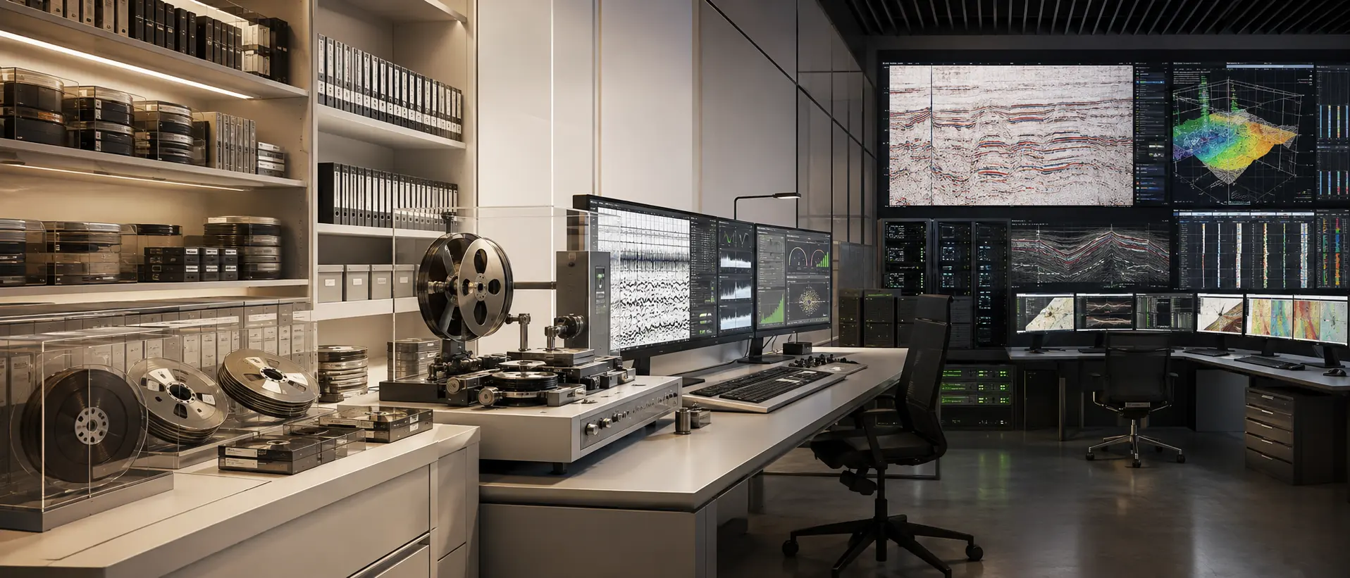 A technical data room: legacy magnetic tape reels and archive boxes on one side, seismic processing workstations and displays on the other.