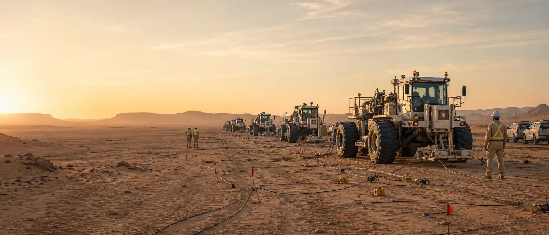 A seismic acquisition line at first light: vibroseis vehicles, cabling and survey flags extending across the Libyan desert.