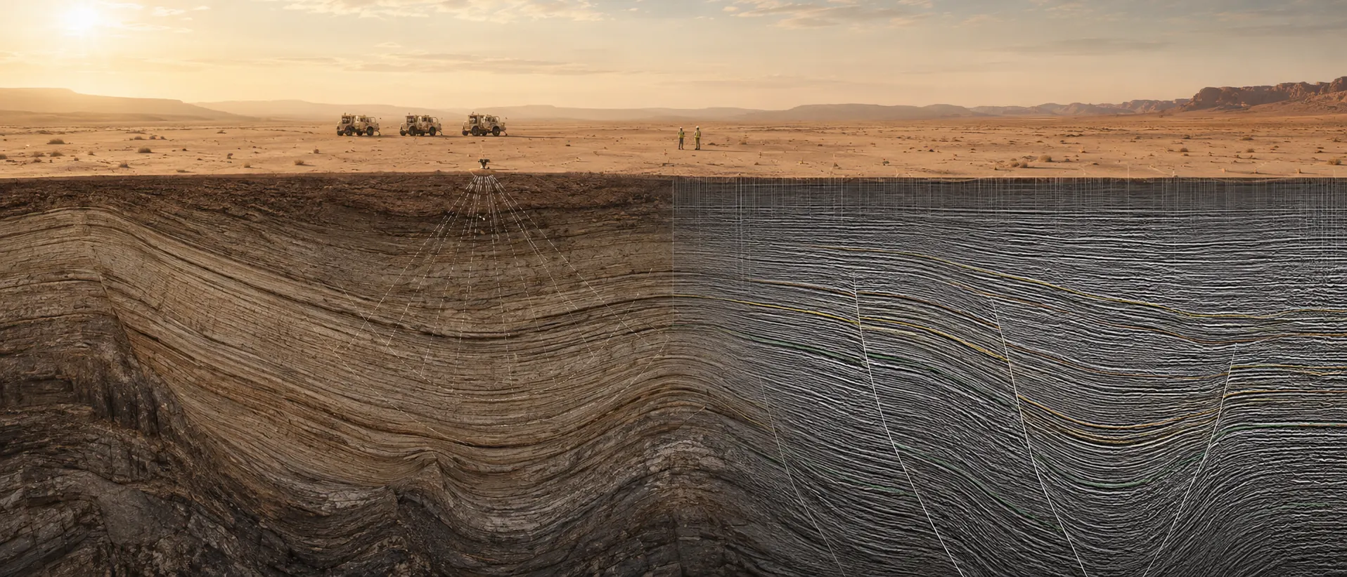 Cross-section of a Libyan seismic survey: vehicles on the desert surface above layered geology that resolves into a processed seismic section.